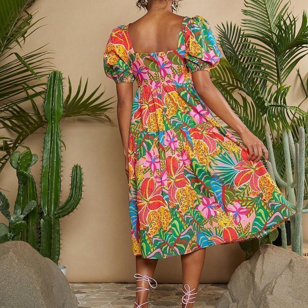 Multicolor Boho Womens Tropical Print Puff Sleeve Dress - Picture 2 of 5